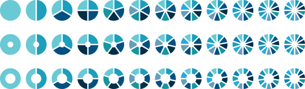Pie chart set. Pie chart divided 1,2,3,4,5,6,7,8,9,10,11,12 equal parts. Segment slice sign. Circle section graphs segment infographic. Wheel round diagram part. Ring percentage diagram collection.