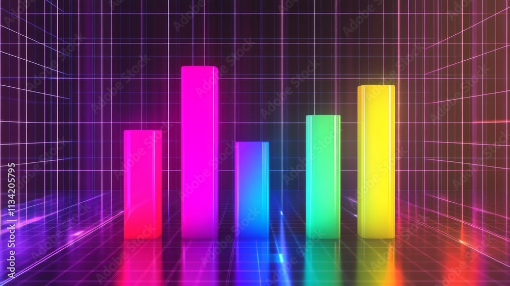 Leinwandbilder colorful neon bar graph on abstract background with grid pattern