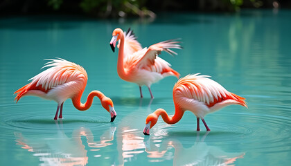 Fototapeta premium Group of flamingos wading in turquoise water with reflections in a serene natural setting