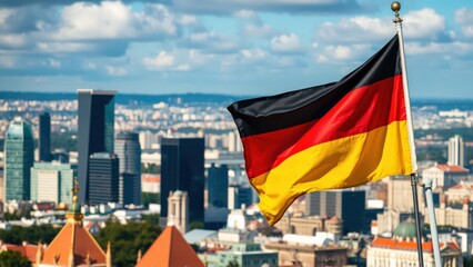 Vibrant German Flag Flying Proudly Over a Modern Cityscape, Perfect for Patriotic Decor or Marketing Materials