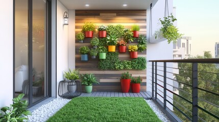 Obraz premium Modern balcony garden with colorful pots, wood wall, grass, and plants.