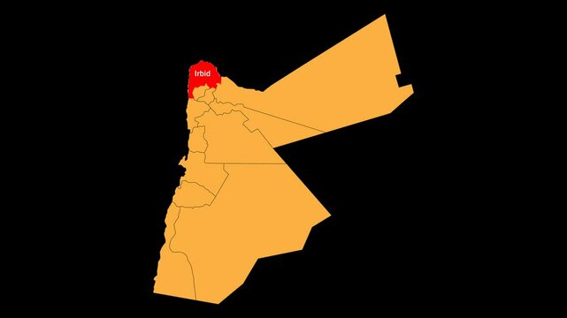 Irbid map animated video. The location is highlighted on the Jordan map. Colour map with transparent background in video format.