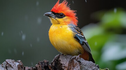 A vibrant bird with a striking red crest perched on a log amidst a rainy backdrop.