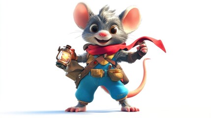 Cute cartoon mouse adventurer holding a lantern, wearing explorer attire.