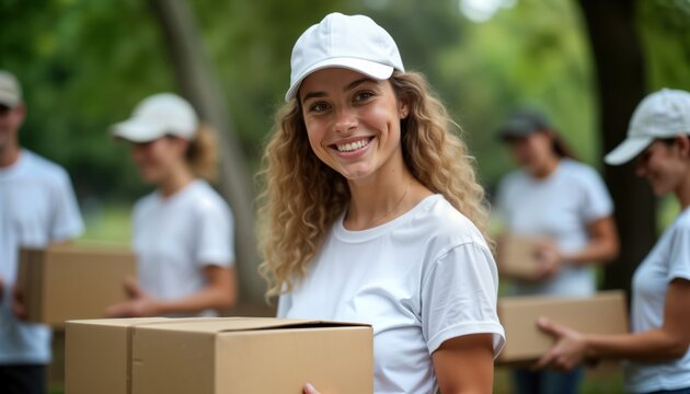 Group of volunteers smiling outdoors organizing eco-friendly initiatives. Teamwork, collaboration create positive community impact. People wearing white shirts, hats carry boxes. Volunteer effort in
