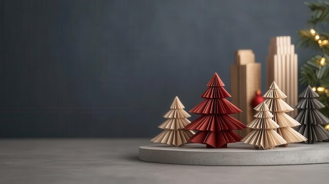 Origami Christmas trees in metallic tones, styled on a modern concrete table, with skyscrapers and festive decor in the background