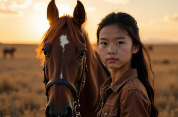 Obraz premium Asian girl standing next to a horse in the steppe at sunset