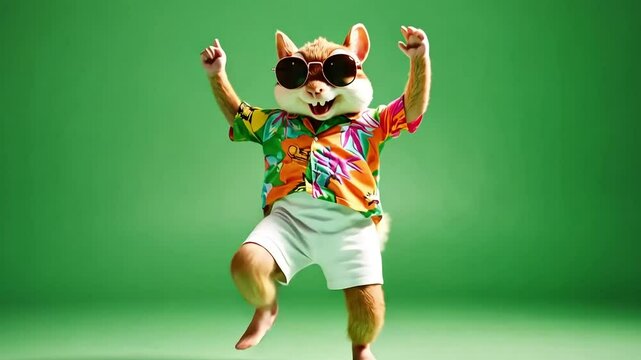 A squirrel in a Hawaiian shirt and sunglasses dances against a green background.
