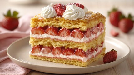 A delicious layered cake with strawberries and whipped cream on a plate.