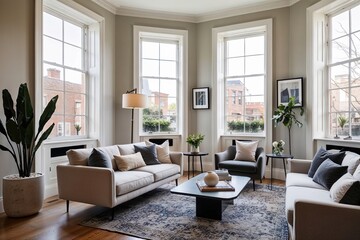 Fototapeta premium Cozy Townhouse Concept with Bright Windows and Plush Sofa in a Modern Aesthetic