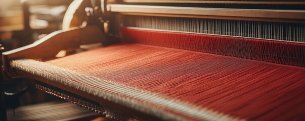 A close-up of a weaving loom with vibrant threads in motion.