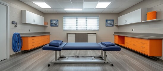 Modern therapy room with examination table, cabinets, and window.