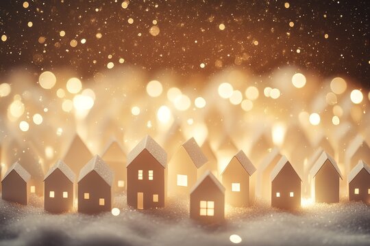 Cozy Winter Village Scene with Paper Houses Illuminated by Warm Light and Accentuated by Soft Snowfall, Perfect for Holiday and Seasonal Themes