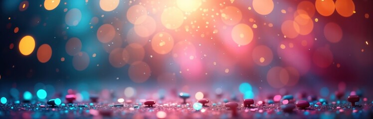 Colorful confetti, streamers create festive background for celebration. Party scene evokes New Years Eve celebration. Abstract bokeh lights create vibrant ambiance. Image perfect for party invitation