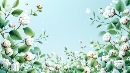 Cotton, cartoon style, background with cotton branches and green leaves, light blue sky, light white fluffy cotton
