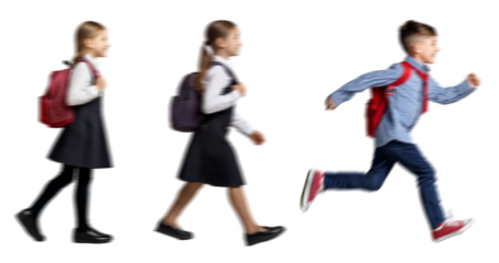 Motion blur walking school kids boy girl silhouettes isolated on transparent background PNG for photo scenes	
