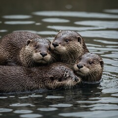 A playful otter family cuddling on a neutral surface.