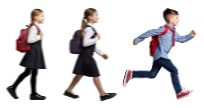 Motion blur walking school kids boy girl silhouettes isolated on transparent background PNG for photo scenes	
