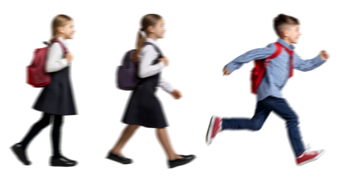 Motion blur walking school kids boy girl silhouettes isolated on transparent background PNG for photo scenes	
