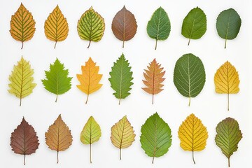 Diverse Collection of Various Leaf Types Displayed on a Clean White Background, Highlighting Different Textures, Colors, and Shapes for Nature Study or Design Inspiration