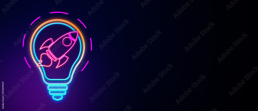 Poster neon lightbulb with rocket icon glowing on dark background, symbolizing startup innovation, creativi