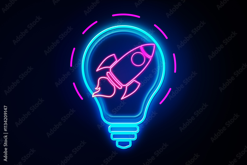 Poster neon lightbulb with rocket symbol, glowing on dark background, representing creativity, innovation, 