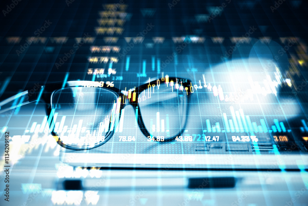 Poster financial data charts overlayed on glasses and devices, representing business analysis and trading c