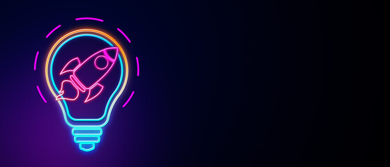 Neon lightbulb with rocket icon glowing on dark background, symbolizing startup innovation, creativity, and technology concept. 3D Rendering