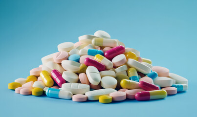 colorful assortment of pills and capsules on blue background, showcasing various shapes and sizes, representing world of medicine and health