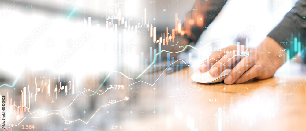 Poster Financial data overlay with candlestick chart and graphs on blurred background of hand using computer mouse. Concept of digital trading.