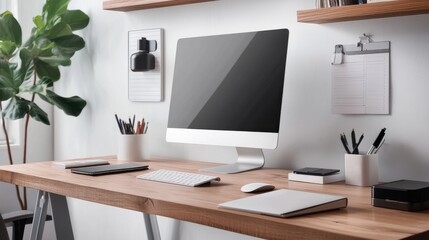 Fototapeta premium A well-organized home office desk with neatly arranged stationery, file organizers, and wall-mounted shelves for maximum efficiency