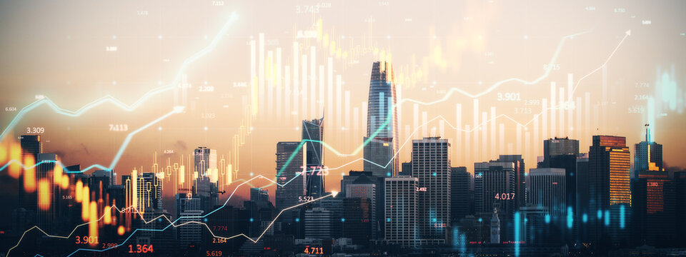 Digital financial data overlaying San Francisco cityscape skyline at sunset, representing real estate and investment concept. 3D Rendering