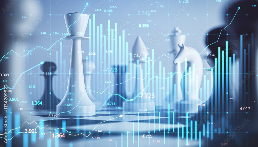 Poster chess pieces overlaying financial data graphs with blue digital light effects on a blurred backgroun