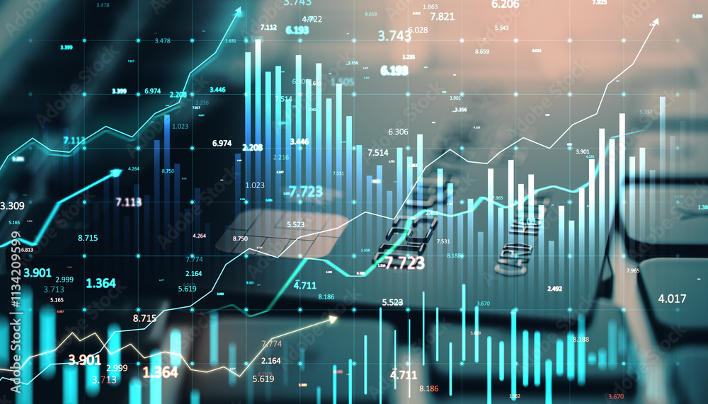 Poster financial graph and data overlay with upward trends and credit card in the background.