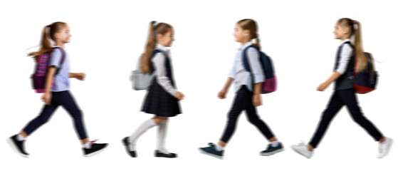 Motion blur walking school kids boy girl silhouettes isolated on transparent background PNG for photo scenes	
