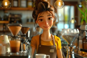 A cheerful barista serving coffee in a cozy cafe with a welcoming atmosphere.