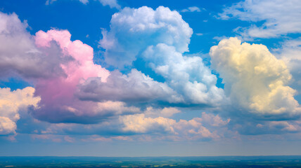 Cotton candy clouds in pastel hues float against a bright blue sky. A serene sky filled with fluffy white clouds against a bright blue background, creating a peaceful and calming atmosphere.