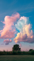 Cotton candy clouds in pastel hues float against a bright blue sky. A serene sky filled with fluffy white clouds against a bright blue background, creating a peaceful and calming atmosphere.