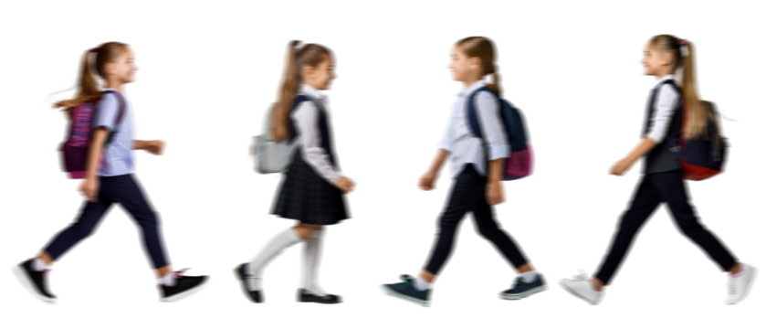Motion blur walking school kids boy girl silhouettes isolated on transparent background PNG for photo scenes	
