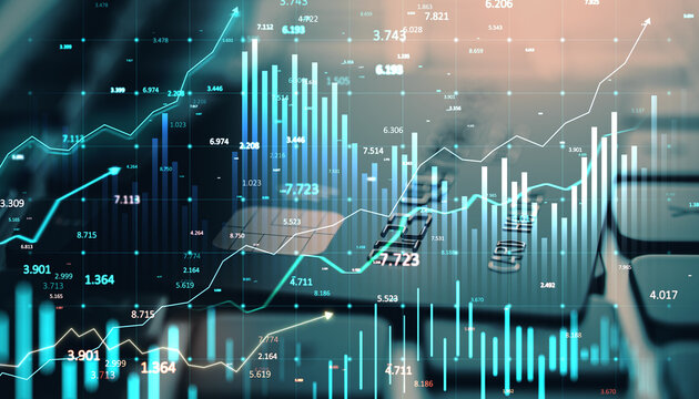 Financial graph and data overlay with upward trends and credit card in the background. - Powered by Adobe