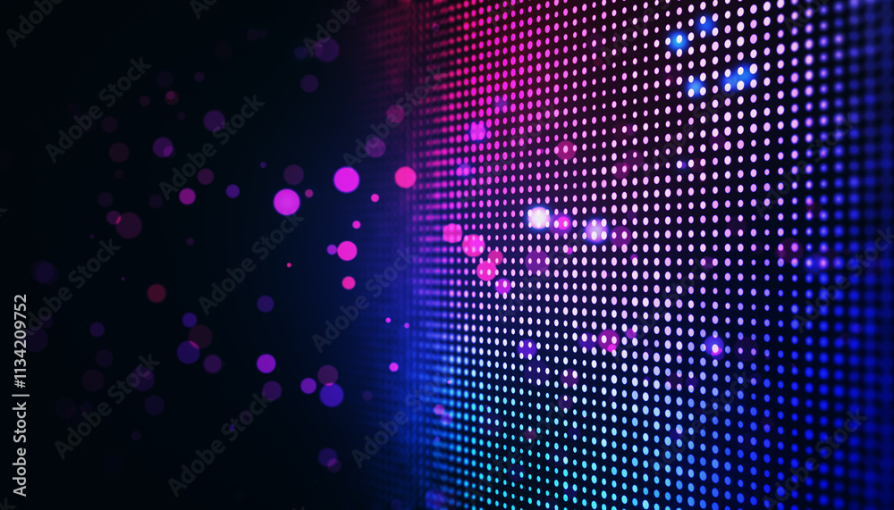 Poster Abstract dotted background with glowing pink and blue light effects on a dark backdrop. 3D Rendering