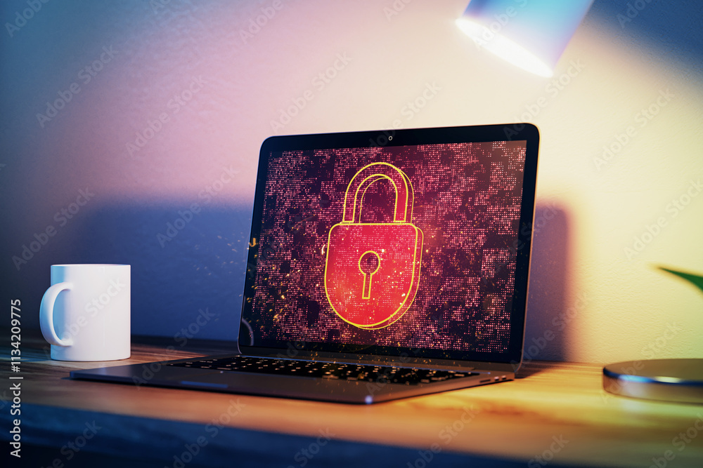 Poster neon glowing padlock icon on a laptop screen symbolizing cybersecurity on a wooden desk, illuminated