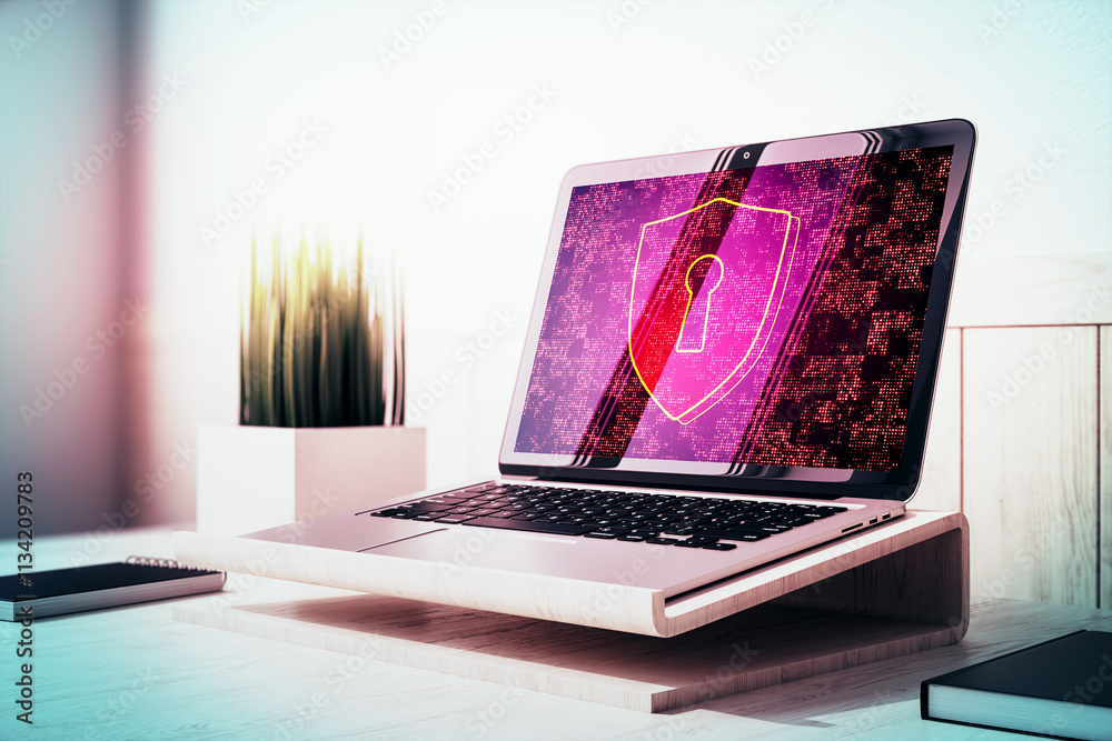 Poster laptop screen displaying neon lock shield icon, symbolizing cybersecurity, on a desk with plant and 