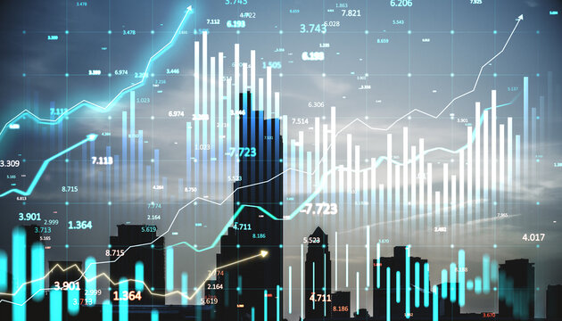 Financial growth and real estate data analysis with city skyline and holographic charts. 3D Rendering