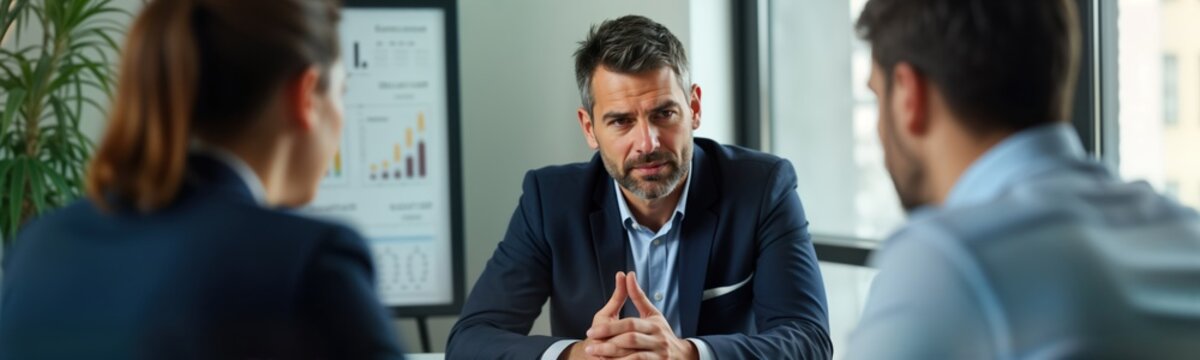 Business people in meeting. Mediator calms tense negotiators. Office setting. Conflict resolution in progress. Professionals discuss business deal. Argument resolution. Negotiation management. Focus