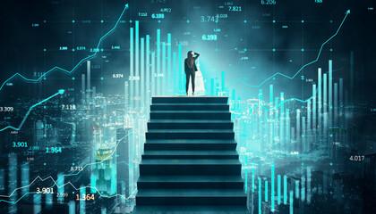 Businesswoman standing on top of a staircase, gazing at a futuristic cityscape with financial...