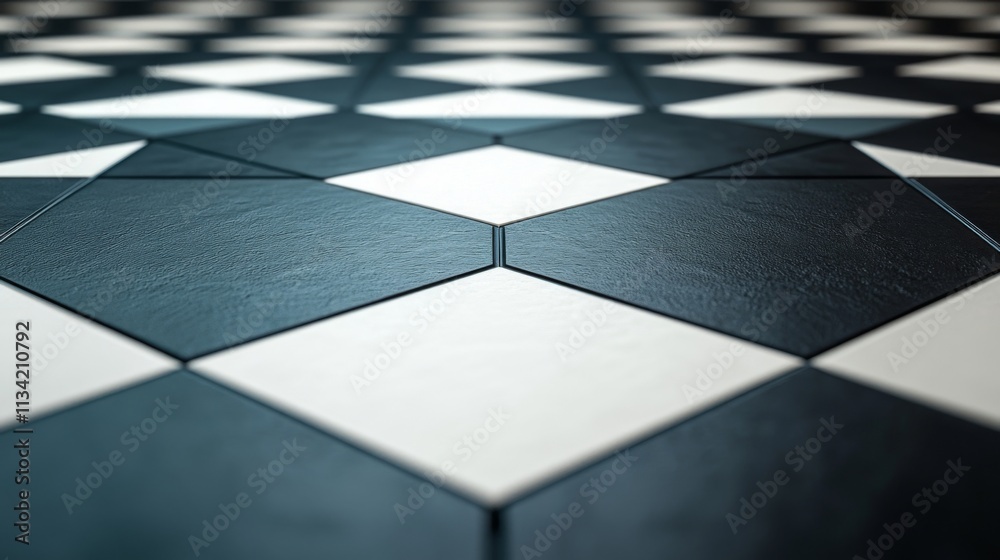 Poster geometric black and white pattern on floor tiles in perspective view