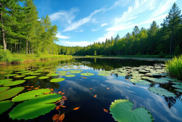 Tranquil natural scene with lotus pads on water and trees in the background.