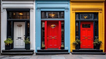 Obraz premium Three colorful storefronts with red doors and windows