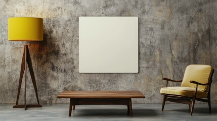 Neutral-toned setup with a square ivory poster, mustard lamp, and minimalist furniture for a modern feel.